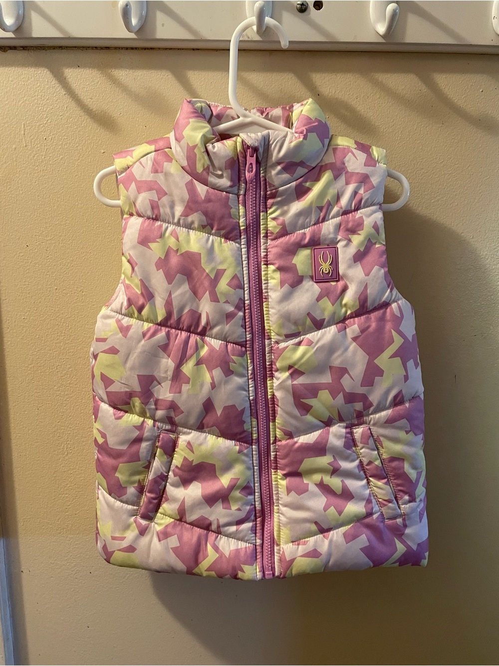 Pink & Cream Puffer Vest with Geometric Print